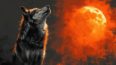 Illustration of a wolf howling in front of a full moonの素材