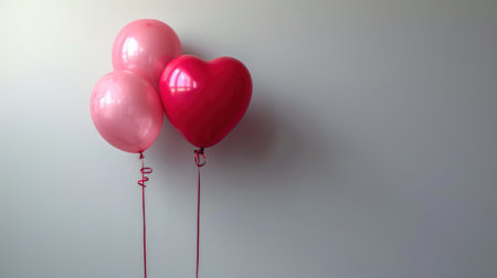 three heart - shaped balloons attached to a wall with a string attached to the back of one of the balloons. .の素材
