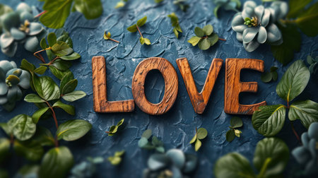 love word painted with colorful flowers and leaves on dark background, top viewの素材
