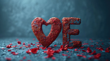 3D rendering of the word love with red heart and rose petalsの素材