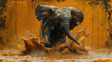African elephant splashing water in a bucket of water. Wild animal.の素材