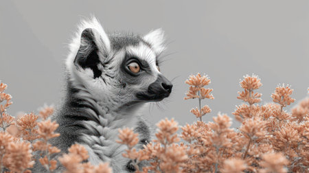 Portrait of a ring-tailed lemur with flowers in the backgroundの素材