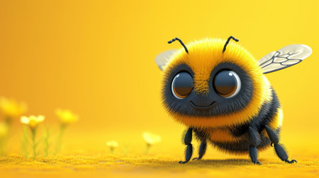 Cute cartoon bee on yellow background. 3d render illustration.の素材