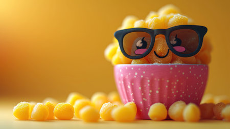 Funny popcorn in a bowl on yellow background. Minimal food concept.の素材