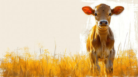 Calf in the meadow on a background of yellow reedsの素材