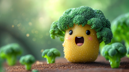 Broccoli with funny face, healthy food concept. 3d renderingの素材