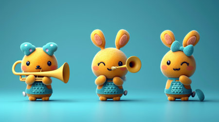 3d illustration of three cute little yellow hare puppets on blue backgroundの素材