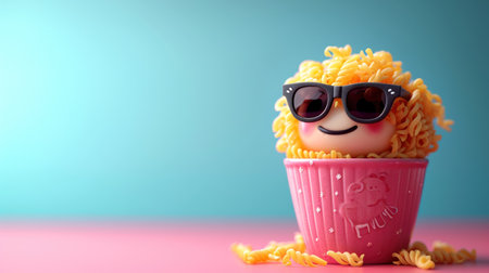 Funny cupcake with funny face and sunglasses on pink background.の素材