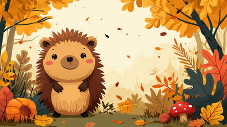 Cute hedgehog in the autumn forest. Vector cartoon illustration.の素材