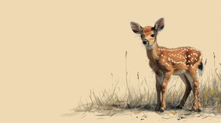 Fawn in the grass on a beige background with space for textの素材