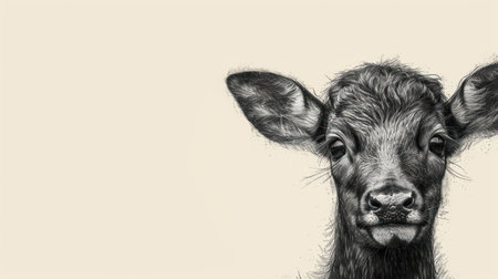 portrait of a calf on a beige background with space for textの素材