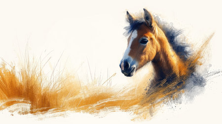 Horse portrait. Digital painting of a wild horse in the fieldの素材