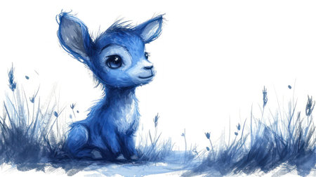Illustration of a Cute Blue Baby Deer Sitting in the Grassの素材