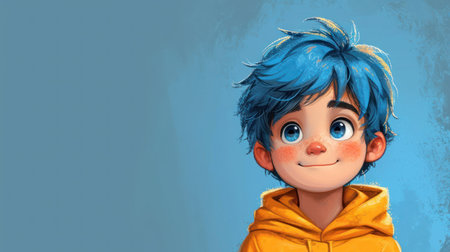 3D illustration of a cute little boy with blue hair and yellow jacketの素材