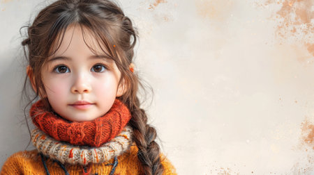 Portrait of a cute little girl with long hair in a warm sweater and scarf.の素材