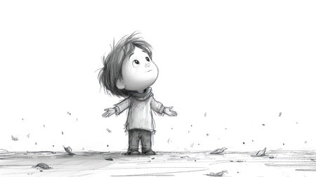 Funny little boy flying in the sky with a flock of birdsの素材