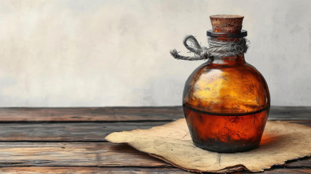 Bottle with essential oil on wooden table against light background. Space for textの素材