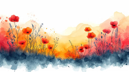 Red poppies on watercolor background. Hand drawn vector illustration.の素材