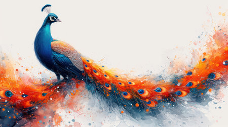 Colorful peacock on a background of watercolor splashes.の素材