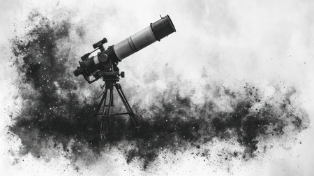 Telescope in the sky with smoke. Black and white imageの素材