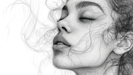 Portrait of a beautiful woman with closed eyes. Black and whiteの素材