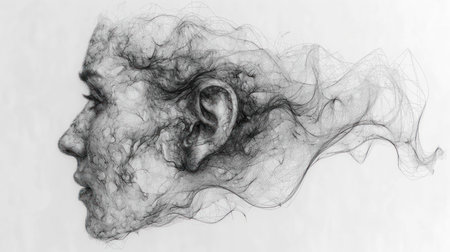 a black and white photo of a man&#39;s face with smoke coming out of the side of his face. .の素材