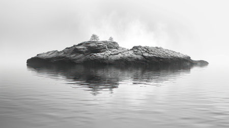 Foggy landscape with a rock in the middle of the waterの素材