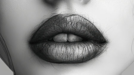 a black and white photo of a woman&#39;s lips with a piece of hair sticking out of her mouth. .の素材