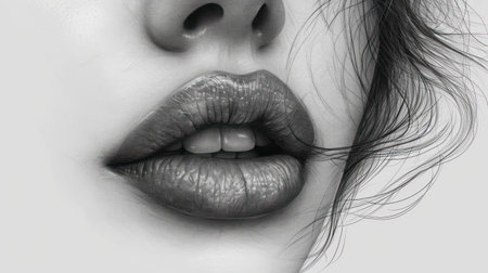 Beautiful female lips. Close-up shot. Black and white.の素材