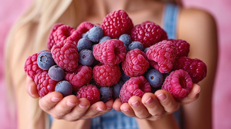 Woman holding fresh berries in hands, closeup. Healthy lifestyle conceptの素材