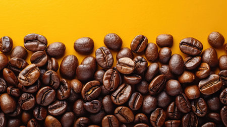 Roasted coffee beans on yellow background. Top view with copy spaceの素材