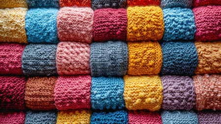 Colorful knitted sweaters background. Close up of knitted wool sweatersの素材