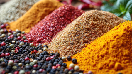Variety of spices and herbs on a wooden table, close upの素材