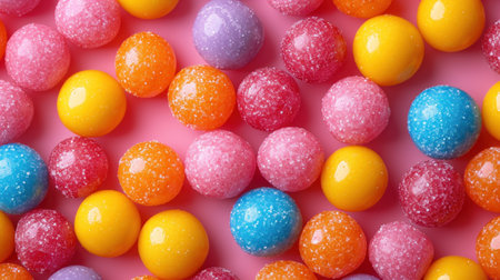 Colorful candies on pink background, top view. Space for textの素材