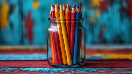 Colorful pencils in a glass jar on a wooden background.の素材