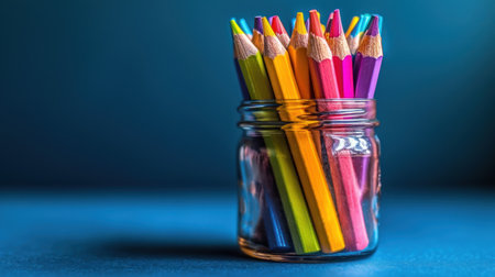 Colorful pencils in a glass jar on a blue background.の素材