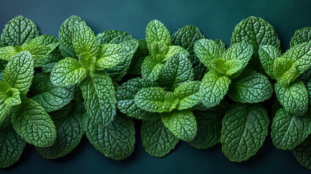 Fresh mint leaves on a dark green background. Mint leaves texture.の素材