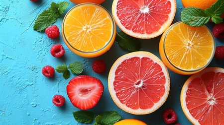 Glasses of different fresh juices with fruits on color background, closeupの素材