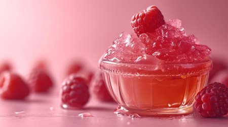 Raspberry jelly in glass bowl with fresh raspberries on pink backgroundの素材