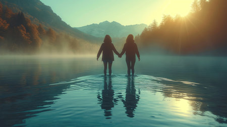 Couple walking on the lake in the morning.3d renderの素材