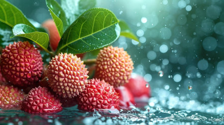 Fresh lychee fruit with water drops on green nature background.の素材