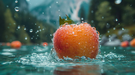 Red apple falling into water with splash and drops of water on the backgroundの素材