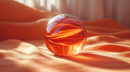 Crystal ball on the orange fabric background. 3d render illustration.の素材