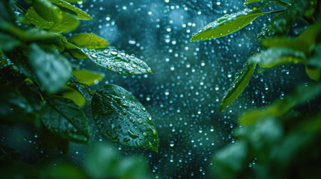 Green leaves with dew drops on a rainy day. Nature backgroundの素材