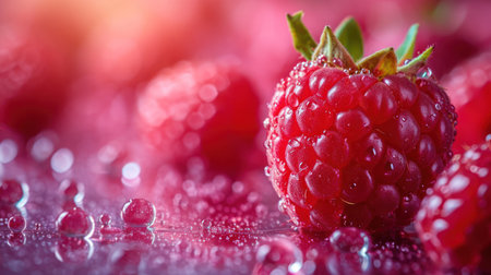 Ripe raspberries with water drops on a dark background close upの素材