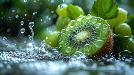 Water splash with kiwi and grapes on a dark background.の素材