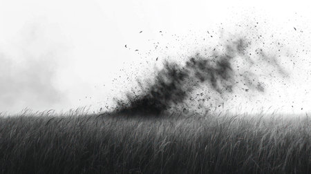 Dry grass with black smoke in the meadow on a foggy dayの素材