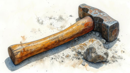 Old hammer with wooden handle on a background of stone and sand.の素材
