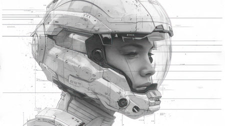 Astronaut in futuristic space suit. Double exposure. Science fiction.の素材