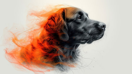 Black Retriever dog with orange smoke on a white background.の素材